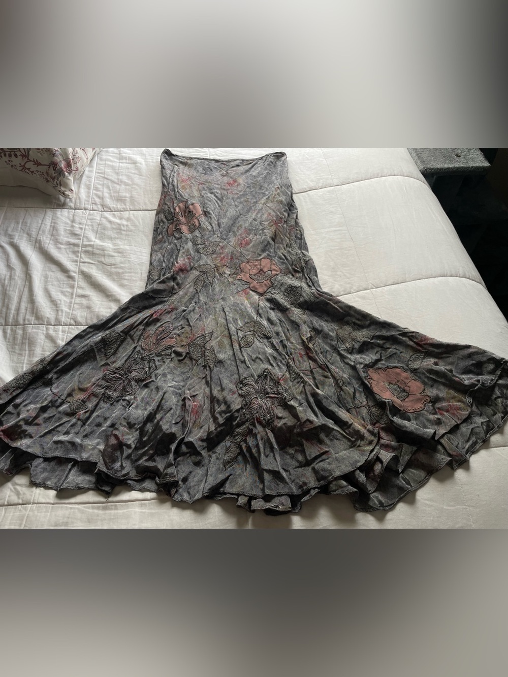Silver Floral Embroidered Patchwork Maxi Skirt 6 Long Tall Fairycore Whimsigoth